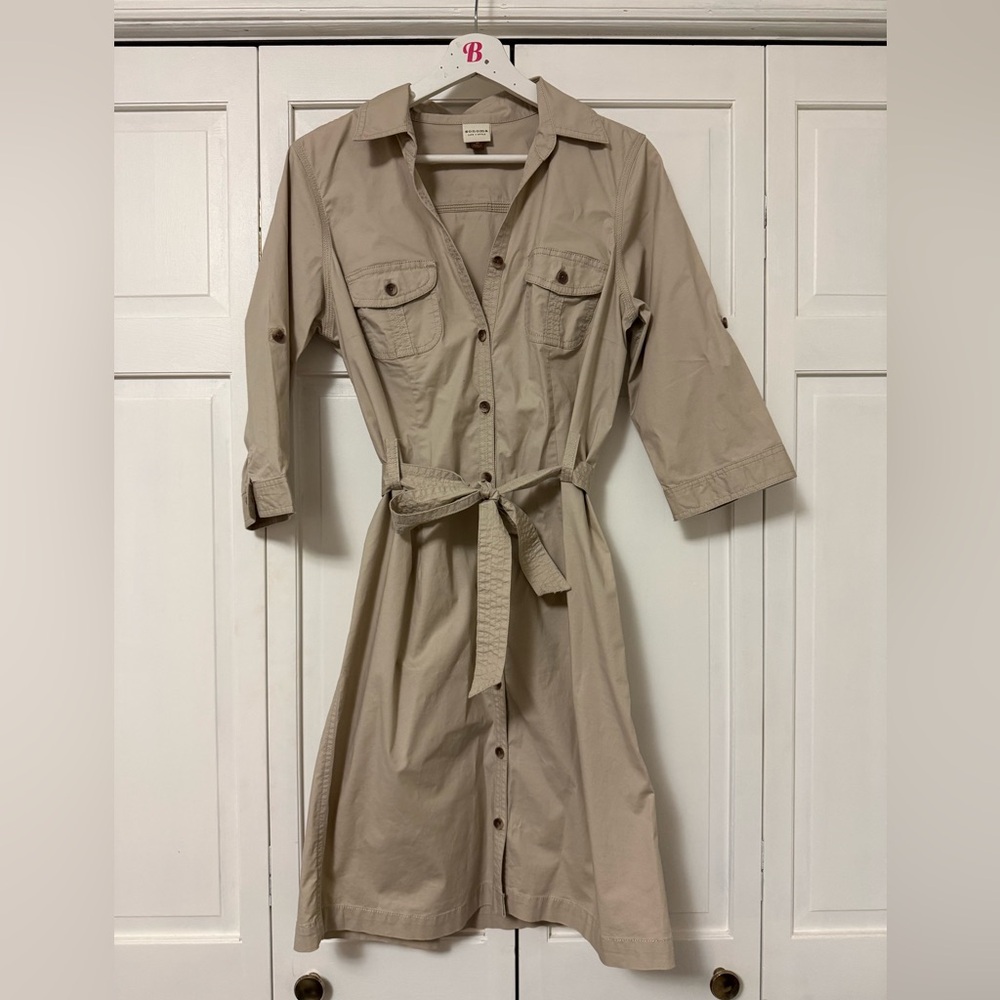 Sonoma Khaki Safari Style Button-Up Shirt Dress Tie-Waist Cotton Stretch Medium